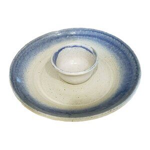 Vintage Milligan RP Pottery Stoneware Serving Chip and Dip Bowl Set Blue Speckle